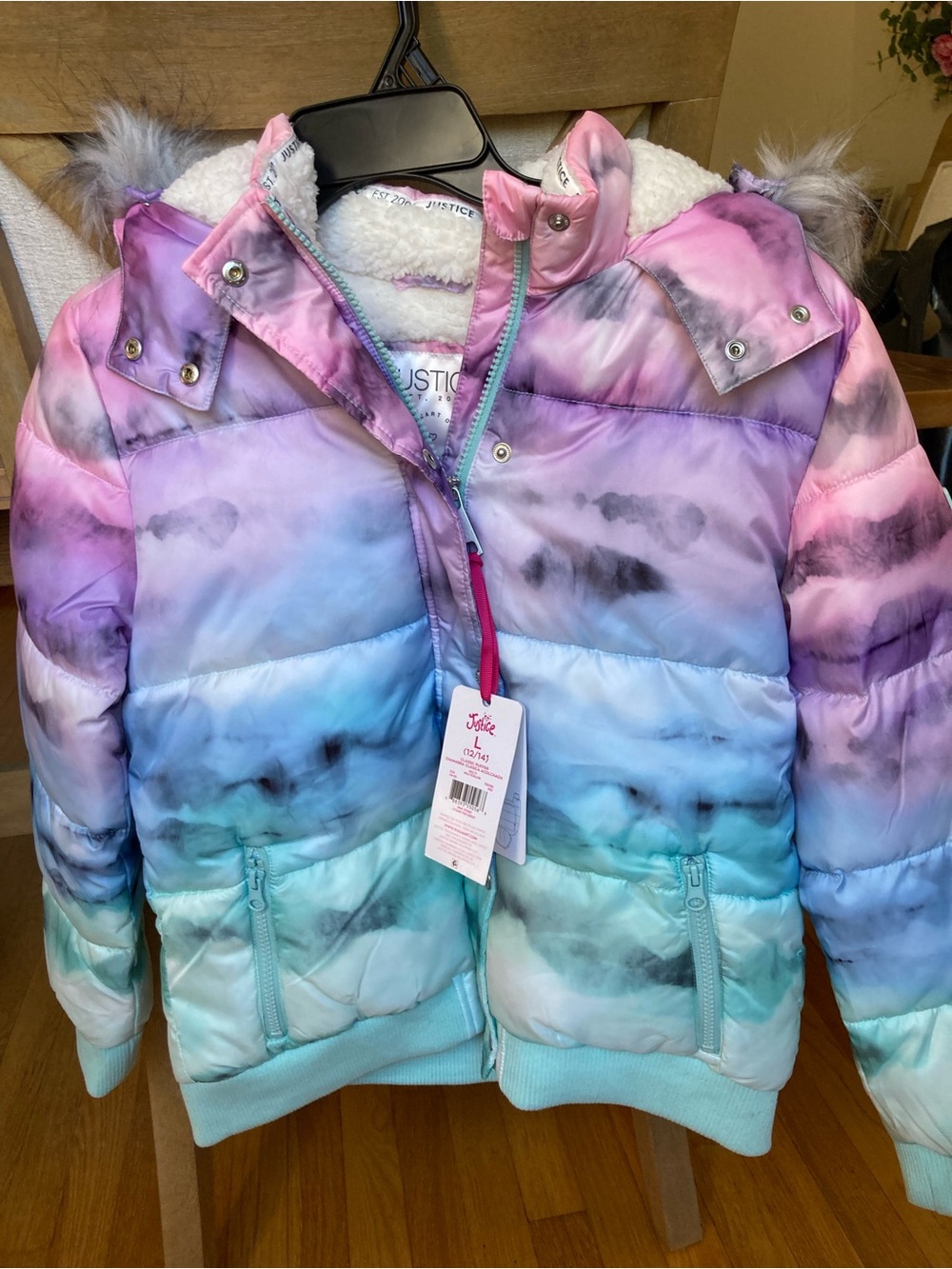 Justice Ombre Puffer Jacket with Faux Fur Trim - Pink, Purple, Blue, Green
